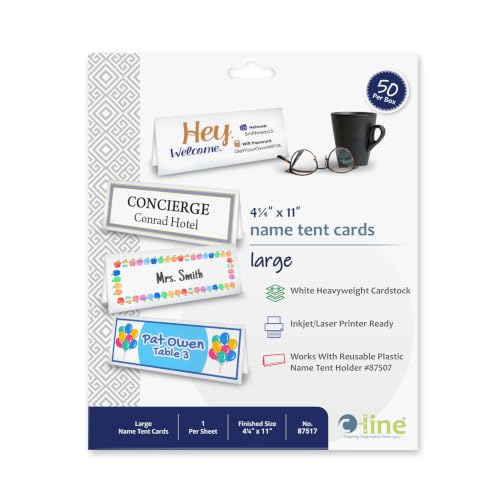 C-Line "C-Line Printer-Ready Scored Name Tent Cards, 11 x 4-1/4 Inches (Folded Size), 8-1/2"" x 11"" White Cardstock Sheets, Box of 50 (87517)", large - size: Large