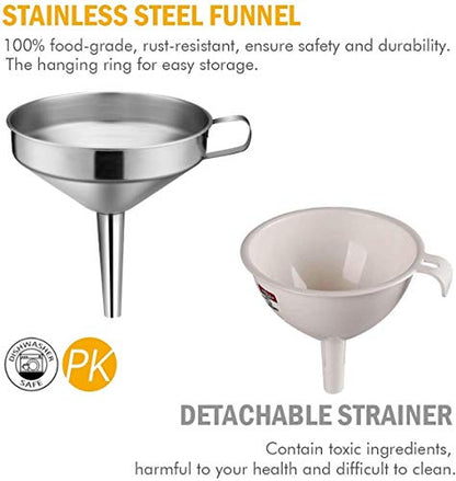 Kitchen Funnel, 3 Piece Stainless Steel Funnels Set with Handle Design and Removable Strainer, Great for Transferring of Liquid, Fluid, Dry Ingredients & Powder, Funnels for Filling Bottles - size: 3 Pack (5.7" + 5.0" + 4.1")