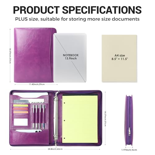 Zippered 3 Ring Portfolio Binder, Padfolio Organizer for Women - color: Purple, size: Zipper Portfolio(13.7"x11"x1.57")