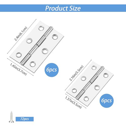 12 Pack Stainless Steel Folding Hinges with 72 Screws – 6 Large (2.4 x 1.45in) + 6 Small (2.16 x 1.37in) – Durable Metal Hinges for Cabinet Doors, Small Doors, Wooden Boxes, Drawers, Furniture DIY