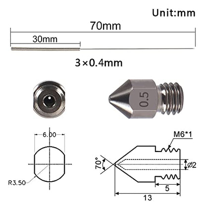 Aokin 3 Pcs 0.5mm Hardened Steel Nozzles MK8 Nozzles 3D Printer Nozzles and 3 Pcs 0.4mm Stainless Steel Nozzle Cleaning Needles for Creality Ender 3/3 Pro/3 V2, Ender 5/5 Pro, CR-10/10S, Makerbot - color: 0.5mm