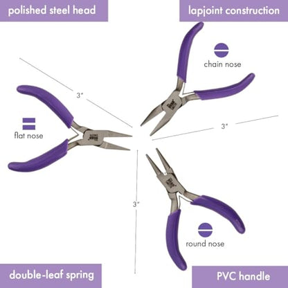The Beadsmith Mini Series Plier Set – 3-Piece Kit: Chain Nose, Round Nose & Flat Nose – 3-Inches, Purple Comfort Grip Handle, Single Leaf Spring, Polished Steel Head – Tools for Jewelry Making - style: 3 Piece