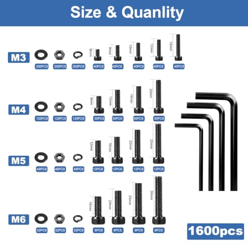 1600Pcs M3 M4 M5 M6 Metric Screw Assortment Kit, Metric Bolt Assortment Kit - color: Black, size: Black M3 M4 M5 M6--1600 Pcs