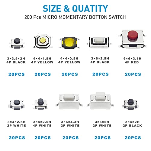 QTETAK 200 Pcs 10 Value Micro Momentary Tactile Push Button Switch Tact Assortment Kit - style: 200 Pcs 10 Value