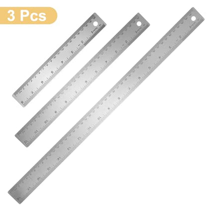 HARFINGTON 3pcs Stainless Steel Metal Ruler 20/30/45cm Straight Edge with Cork Backing Non-Slip Inch Metric Metal Ruler for Classroom Office Home Engineering Drafting Tools - size: 20/30/45cm