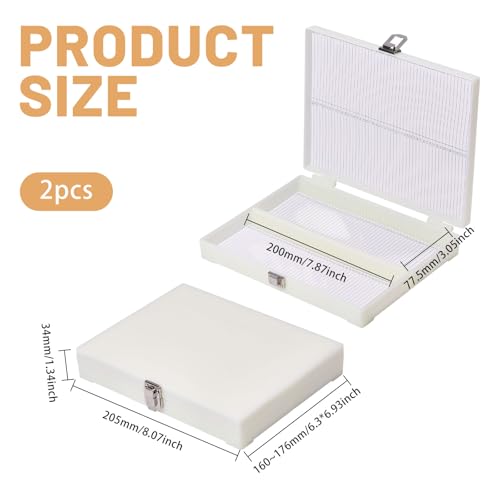 2 Pcs 100 Place Microscope Slide Storage Box, Plastic Microscope Slide Set with Iron Lock for Experiments Analyses Science, White, 8.07×6.3~6.92×1.33 Inch