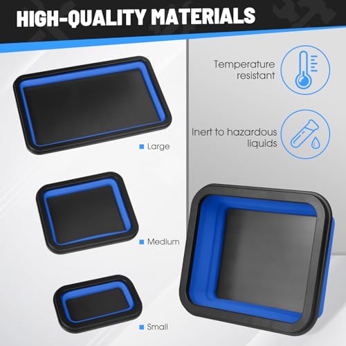 Collapsible Magnetic Parts Tray Set, 3 Different Size Tool Trays, Blue - color: Blue