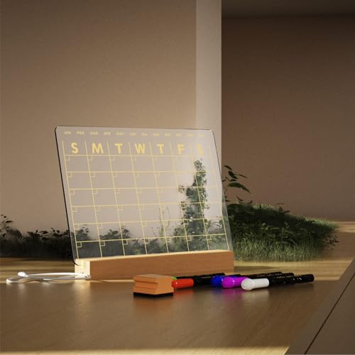 Light Up Clear Dry Erase Calendar 13 x 9 inch with 5 Markers, Acrylic Lighting Markable Calendar Board Agenda for Bedroom/Office/Home/Kitchen - style: Calendar