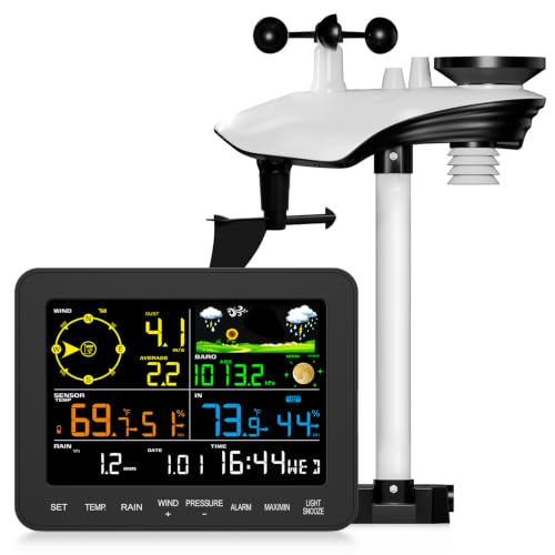 12-in-1 Wireless Weather Station, 6.5 Inch Display with Adjustable Backlight, Rain Gauge, Weather Forecast, Wind Speed, Air Pressure, Indoor Outdoor Temperature Humidity Monitor (No WiFi)