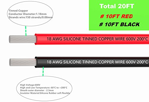 TUOFENG 18 AWG Silicone Wire Kit - 20ft (10ft Black/Red) Hook Up Cable - size: 18 AWG Silicone Wire 2 Colors 10ft Each