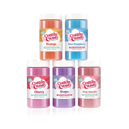 Cotton Candy Express BB1000-S Cotton Candy Machine, with 5-11oz. Jars of Cherry, Grape, Blue Raspberry, Orange, Pink Vanilla Floss Sugar & 50 Paper Cones Easy to Use and Clean - color: Teal Machine with 5 Flavors