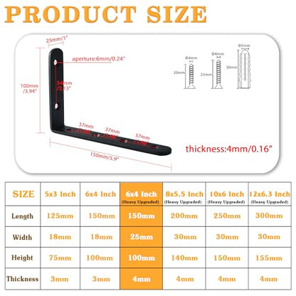 Alise 4mm Thick L Bracket for Shelves,6x4 Inch Shelf Brackets Black,4 Pcs - color: Black, size: 6x4 Inch (4mm-Thick)