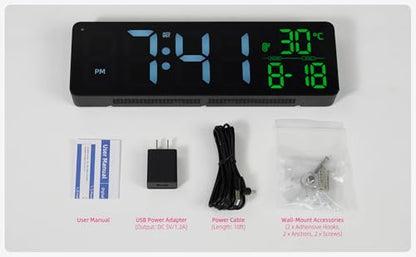 Large LED Digital Wall Clock with Date, Temperature, Auto-Brightness, Auto-DST | Big Digital Clock for Bedroom, Desk, Classroom, Living Room, Kitchen, Office, Gym, Farmhouse, Xmas Gift for Seniors - color: Green
