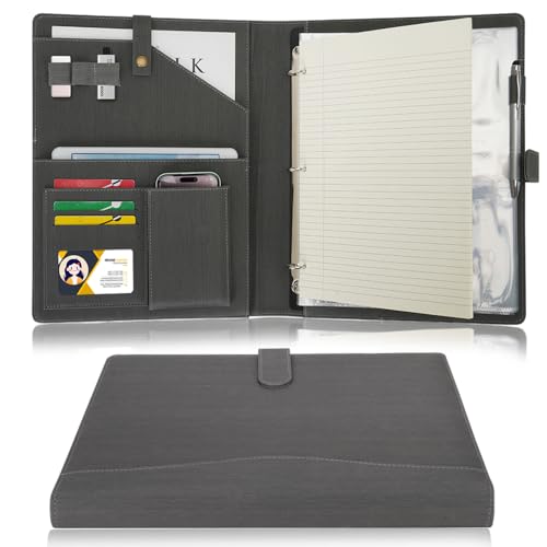 Wonderpool A4 PU Leather Portfolio Holder Ring File Document Case with Removable Binder Clipboard, Multi Pocket and Legal Pad for Business Organizer Interview and Meeting (Gray) - color: Gray