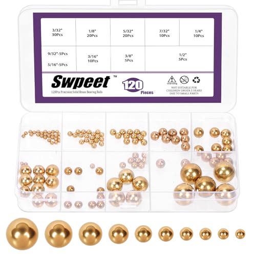 Swpeet 120Pcs 10 Size 1/2" 3/8" 5/16" 9/32" 1/4" 7/32" 3/16" 5/32" 1/8" 3/32" Imperial Steel Loose Bicycle Bearing Steel Ball Precision Balls Assortment Kit for Bicycles Casters