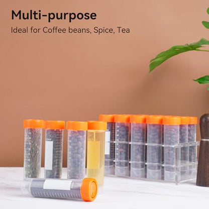 20Pcs Single Dose Coffee Bean Storage Tubes with Stand & Hopper - Plastic Airtight Coffee Bean Cellar, Espresso Coffee Dosing Vials with Scales and Write Marks for Ground Coffee Spices Loose Tea, 17g