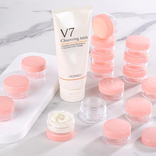 Refillable Cosmetic Sample Jars - 100 Pack 10g (0.35oz) Pink Small Travel Containers with Lids + 10 Mini Makeup Spatulas - BPA Free - color: Pink