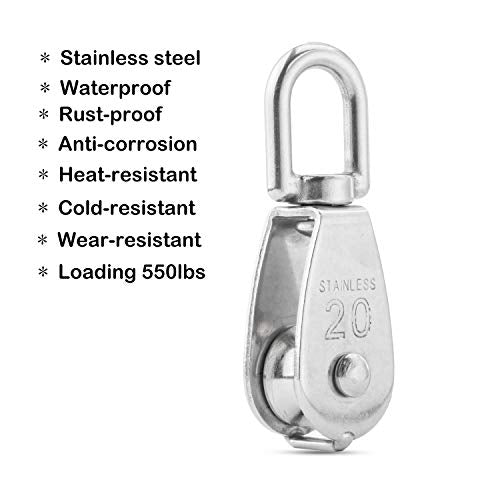 CertBuy 16 Pack M20 Single Pulley Block Loading 200lbs 304 Stainless Steel Swivel Pulley Small Rope Pulleys Hanging Wire Towing Wheel for Wire Rope
