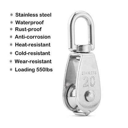 CertBuy 16 Pack M20 Single Pulley Block Loading 200lbs 304 Stainless Steel Swivel Pulley Small Rope Pulleys Hanging Wire Towing Wheel for Wire Rope
