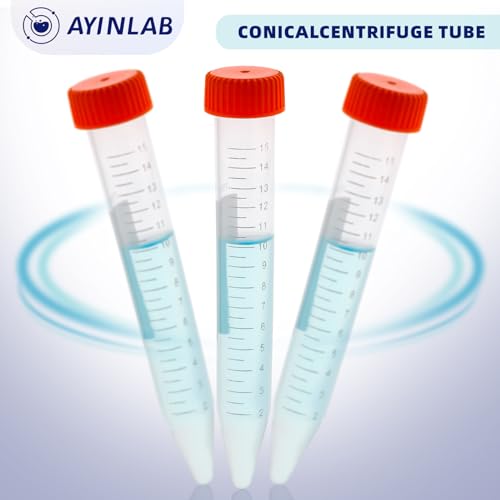 Conical Centrifuge Tubes 15mL, AyinLab Conical Tubes 50pcs, Polypropylene Plastic Test Tubes with Leak-Proof Screw Caps, Graduated and Write Marks, Non-pyrogenic and DNase/RNase Free - size: 15ML-50PCS