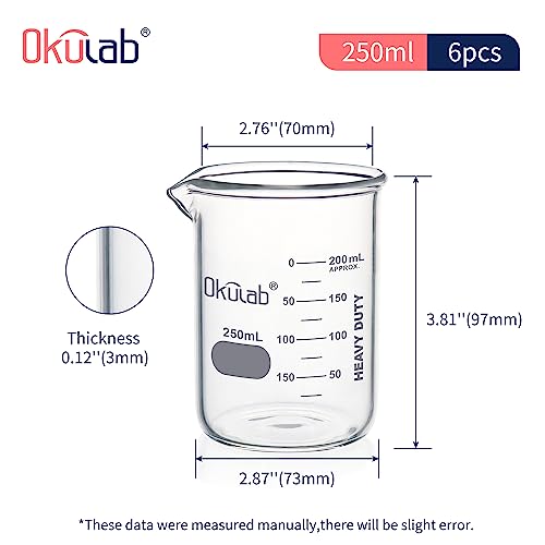 Glass Beakers, Heavy Duty, with Double Scale Printed Graduation. 6pcs of Vol.250ml, HBKG250A6 - style: 6pcs of 250ml