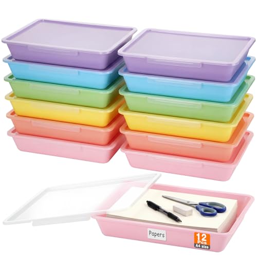 Tinlade 12 Pcs Classroom Paper Storage Bins with Lids, Macaron, 13x10in - color: Macaron