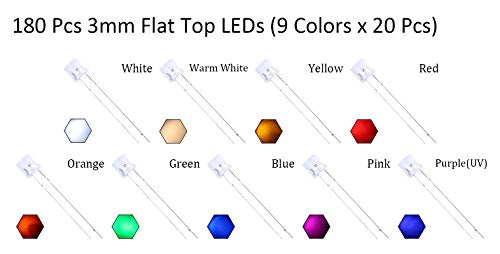 180pcs 5mm 9 Colors x 20pcs Assorted Colors Lights LED Diodes Flat Lens 1.14in. Long Lead +300pcs Resistors (for DC 6-12V) Included,Bulb Lamps Light Emitting Diode - color: [02] 9 Colors x 20 pcs / 180pcs, size: 5mm Flat Top