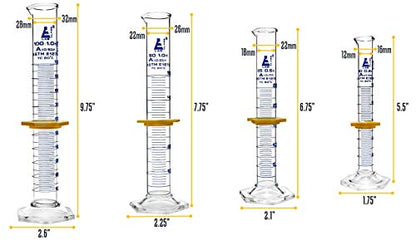 EISCO Graduated Cylinders 4 Piece Set - ASTM, Class A - 10mL, 25mL, 50mL & 100mL - Protective Collars, Hexagonal Base - Blue Graduations - Borosilicate 3.3 Glass