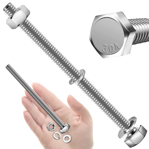 Mywish (10 Sets) 1/4-20x4 Hex Head Assorted Screws Nuts and Bolts with Flat & Lock Washers, 304 Stainless Steel 18-8, Fully Threaded, 1/4 Bolt Metric Bolt Assortment - size: 1/4-20 x 4 (10 set)