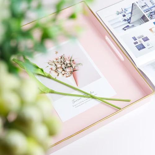 Spsyrine Pink Decorative Serving Tray with Handles, 13" X 13" Square Plastic Coffee Table Tray for Ottoman, Living Room, Bathroom, Home Decor. - color: Dl006r