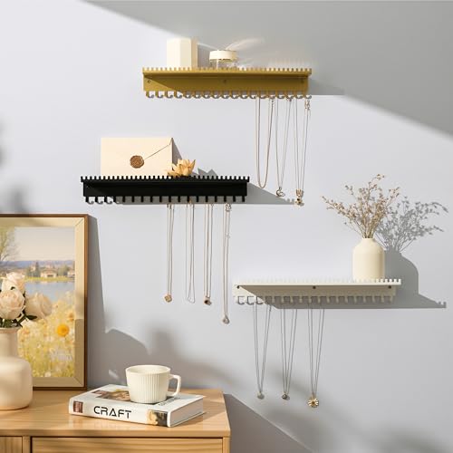 Necklace Holder Wall Hanging Organizer: Wall Mounted Jewelry Shelf with 56 Hooks and Tray, Display Hanger for Kids, Girls and Women, White & Metal - color: white