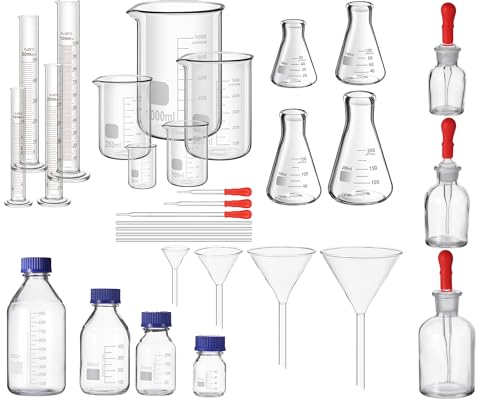 31 Pcs Lab Glassware Set Include Measuring Beakers Cylinders Erlenmeyer Flasks Dropper Bottle Media Bottles Glass Stirring Rods Dropper Funnels for Science Chemistry Equipment Supplies