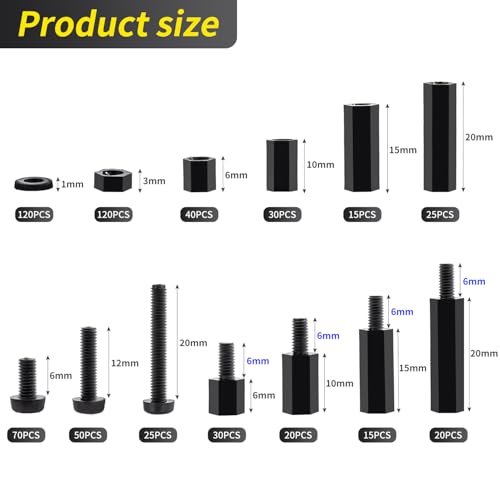 580 PCS M3 Black Nylon Standoff Kit with Spacers, Screws, and Nuts - Motherboard & PCB Mounting Standoffs and Screws, Threaded Pillar Spacers for Circuit Boards and Computer Building