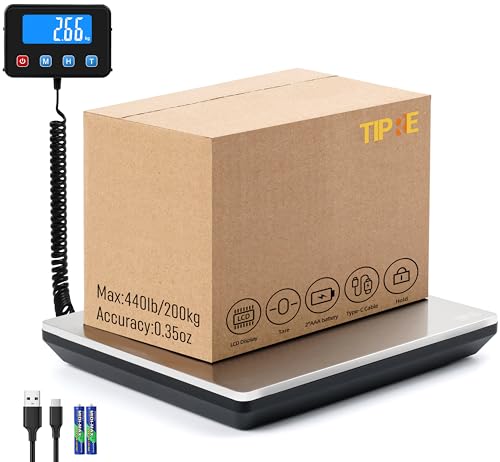 TIPRE Shipping Scale 440lbs for Packages, Heavy Duty Digital Postal Scale with LCD Display 0.35 oz High Precision Express Scale with Type-C Charging & Batteries Smart Hold/Tare for Small Business Home - size: 440lb- Silver Stainless Steel
