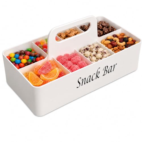 Snackle Box Organizer with Handle, 8 Compartment Divided Serving Tray, Portable Snack Platter and Caddy for Candy, Fruits, Nuts, Cookies, Veggies, Party, Picnic, Kitchen & Office