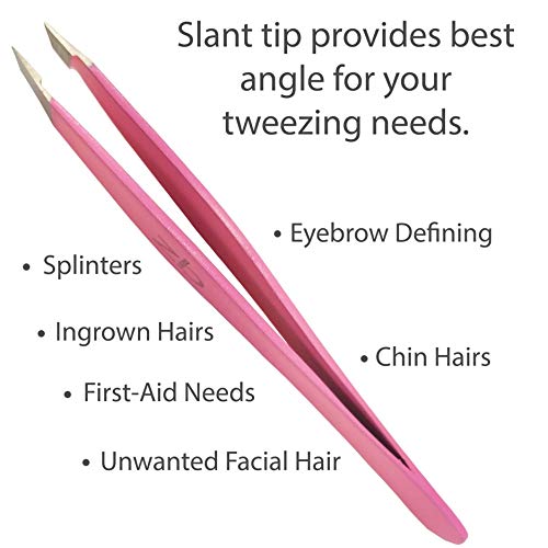 Tweezers – Surgical Grade Stainless Steel - Slant Tip for Expert Eyebrow Shaping and Facial Hair Removal – with Protective Pouch (Bubblegum Pink) - color: Bubblegum Pink