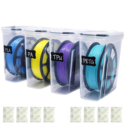 4 Pack Filament Storage Container for 3D Printing Filaments Sealing and Protection, 3D Printer Filament Storage Dry Box with Desiccant&Label, Water and Dust-Proof 4.0L, Transparent (9.45*9.25*4.3)