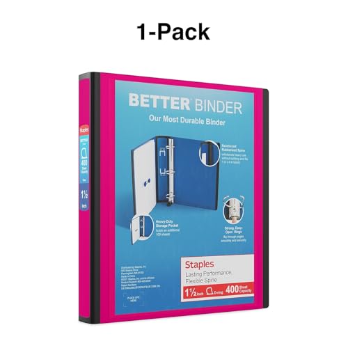 Staples Better 1.5-Inch 3-Ring Binder, Pink, Heavy-Duty - color: Pink, size: 1.5-Inch