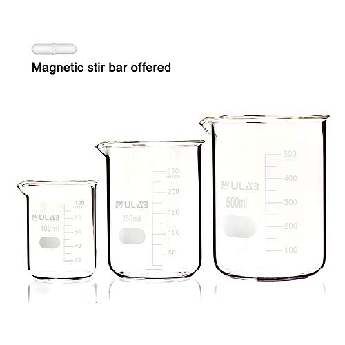 ULAB Scientific Low Form Griffin Glass Beaker Set with Magnetic Stir Bar Offered, 3 Sizes 100ml 250ml 500ml, 3.3 Borosilicate Glass, Printed Graduation, UBG1004 - style: 3 Sizes with Magnetic Stir Bar:100/250/500ml