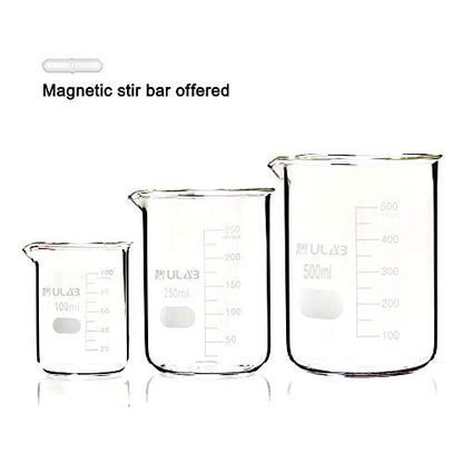 ULAB Scientific Low Form Griffin Glass Beaker Set with Magnetic Stir Bar Offered, 3 Sizes 100ml 250ml 500ml, 3.3 Borosilicate Glass, Printed Graduation, UBG1004 - style: 3 Sizes with Magnetic Stir Bar:100/250/500ml