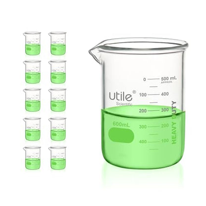 Utile 600ml Beaker Set, 10pcs of 20.3oz Upgraded Thickening Grass Beakers, Low Form Chemical Lab Beakers, Borosilicate 3.3 Glass with Printed Graduation, 4000.0600.10 - style: 10pcs of Vol.600ml