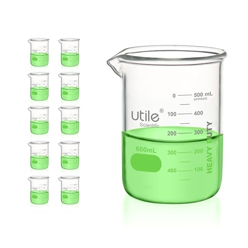 Utile 600ml Beaker Set, 10pcs of 20.3oz Upgraded Thickening Grass Beakers, Low Form Chemical Lab Beakers, Borosilicate 3.3 Glass with Printed Graduation, 4000.0600.10 - style: 10pcs of Vol.600ml