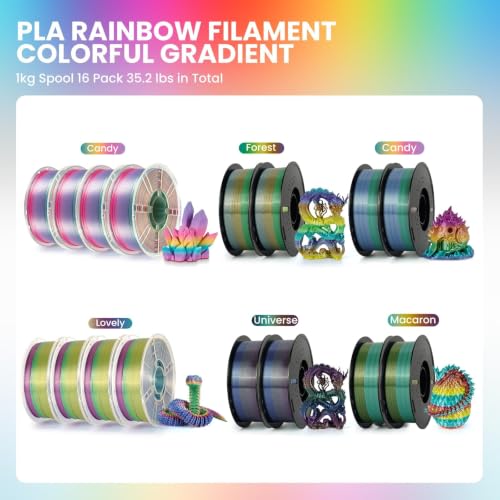 Kingroon 16kg Silk Rainbow PLA Filament Bundle, 1.75mm Multicolor Gradient 3D Printer Filament,16x1 kg Spools, High Precision ±0.02mm, No Clogging Tangle Free Silk PLA for FDM Printing - color: 16*1kg (Candy2*4+lovely*4+candy*2+macaron*2+universe*2+forest