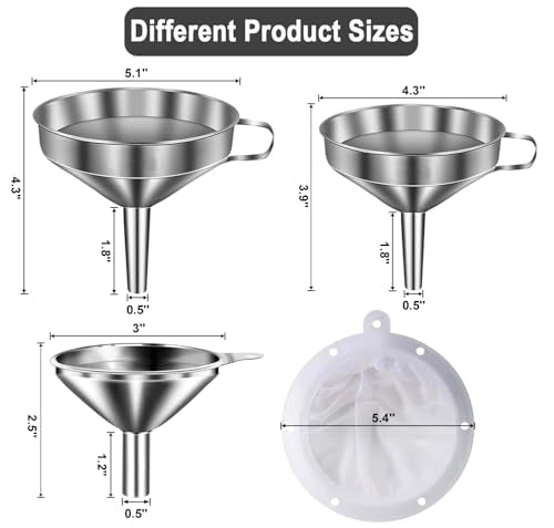 Stainless Steel Funnels for Kitchen use,3PCS Kitchen Metal Funnel with 2 Removable Strainer,Cleaning Brush,200 Mesh Food Filter,Funnel for Filling Bottles,for Transferring of Liquid,Oils,Jam - size: 3pcs Funnel set