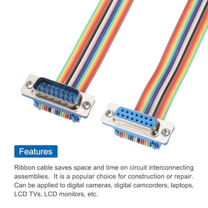 MECCANIXITY 2 Pcs IDC Rainbow Wire Flat Ribbon Cable DB15 Male to DB15 Female 39 Inch Length 2.54mm Pitch Breadboard Jumper Wires for Electronic Projects - size: 39 Inch, style: DB15 Male to DB15 Female