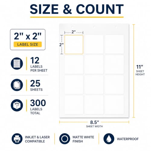 25 Sheets 2" x 2" Printable Matte Vinyl Square Lalebs 12up Bottle Labels - size: 12up-25 sheets