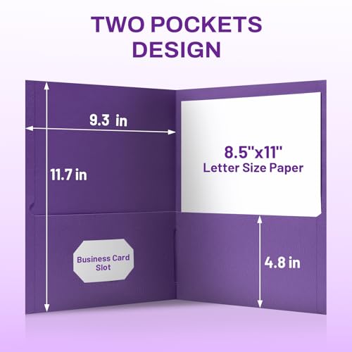 SUNEE Folders with Pockets, 50 Pack File Folders with Business Card Slot, Textured Paper, Fit Letter Size Paper, Paper File Folder for School Office Home Business, Purple - color: Purple