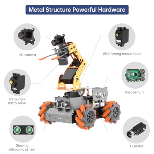 MasterPi 5DOF Robotic Arm for RaspberryPi 5 AI Vision Tracking Target Sorting Line Follow Open Source Programming Smart Robot Car Kit for Teen Adult STEM Educational Building Robot, with RPi 5 8GB