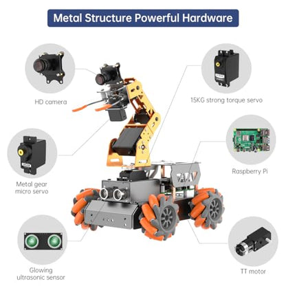 MasterPi 5DOF Robotic Arm for RaspberryPi 5 AI Vision Tracking Target Sorting Line Follow Open Source Programming Smart Robot Car Kit for Teen Adult STEM Educational Building Robot, with RPi 5 8GB