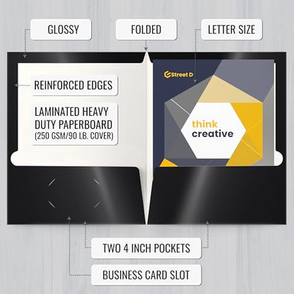 Better Office Products 2 Pocket Glossy Laminated Black Paper Folders, Letter Size, Black Paper Portfolios, Box of 25 - color: Black